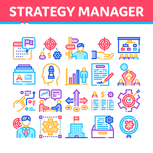 Strategy Manager Job Collection Icons Set Vector. Contract Signing And Customer Database, Business Direction Strategy Manager Concept Linear Pictograms. Color Contour Illustrations