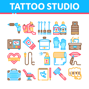 Tattoo Studio Tool Collection Icons Set Vector. Tattoo Studio Machine And Razor Equipment, Chair And Case, Cream And Ink Bottles Concept Linear Pictograms. Color Contour Illustrations