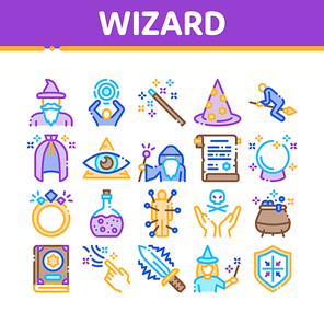 Wizard Magic Equipment Collection Icons Set Vector. Wizard Wand And Hat, Sphere And Knife, Book And Ring, All-seeing Eye And Doll Concept Linear Pictograms. Color Contour Illustrations