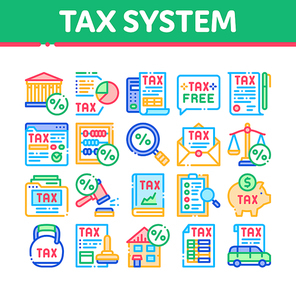 Tax System Finance Collection Icons Set Vector. Tax System Building And Car, Document And Mail Notice, Abacus And Scales Concept Linear Pictograms. Color Contour Illustrations