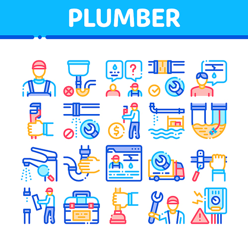 Plumber Profession Collection Icons Set Vector. Plumber Worker And Equipment, Faucet And Pipe Research, Instrument Case For Fixing Concept Linear Pictograms. Color Contour Illustrations