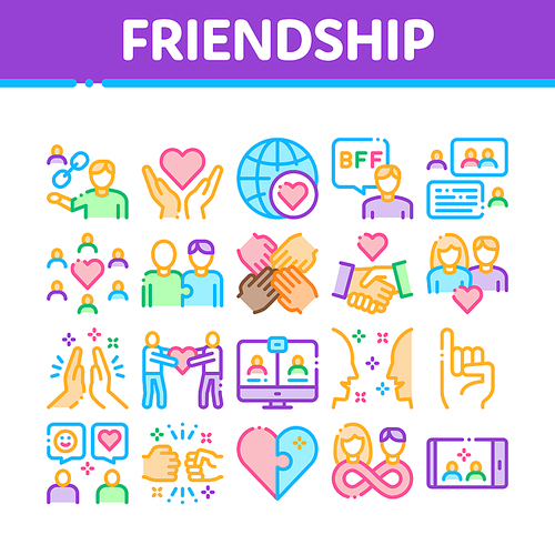 Friendship Relation Collection Icons Set Vector. Handshake And Friendship Gesture, Love And Partnership, Internet Communication Concept Linear Pictograms. Monochrome Color Illustrations