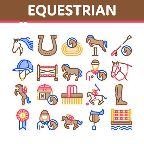 Equestrian Animal Collection Icons Set Vector. Equestrian Horse And Polo Game, Rider Helmet And Shoe, Horseshoe And Barrier Concept Linear Pictograms. Monochrome Color Illustrations