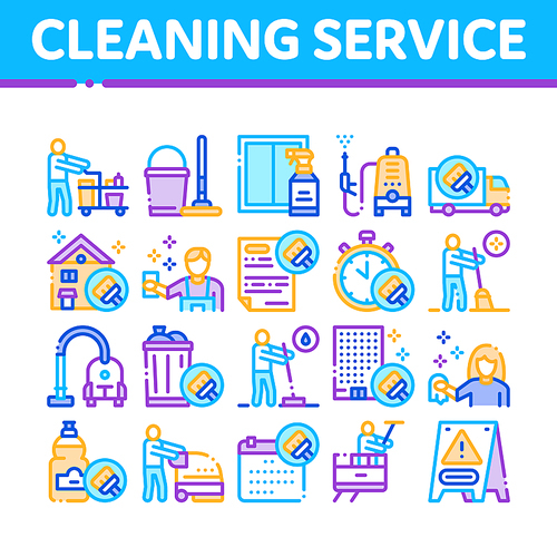 Cleaning Service Tool Collection Icons Set Vector. Liquid For Clean Window And Wash Floor, Vacuum Cleaner And Bucket Cleaning Service Concept Linear Pictograms. Color Contour Illustrations