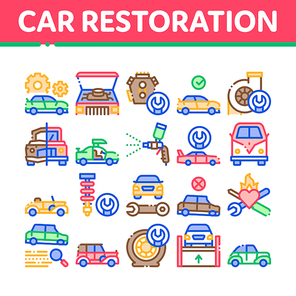 Car Restoration Repair Collection Icons Set Vector. Classic And Crashed Car Restoration, Painting Body And Fixing Engine, Wheel And Details Concept Linear Pictograms. Color Contour Illustrations