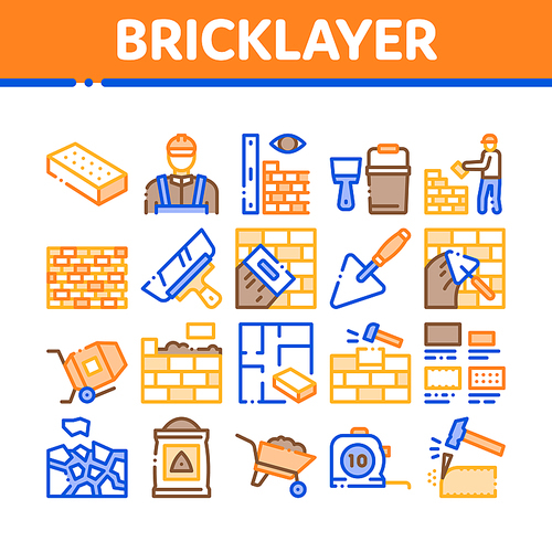 Bricklayer Industry Collection Icons Set Vector. Professional Bricklayer Worker, Mason Layer Equipment For Construct Brick Wall Concept Linear Pictograms. Color Contour Illustrations