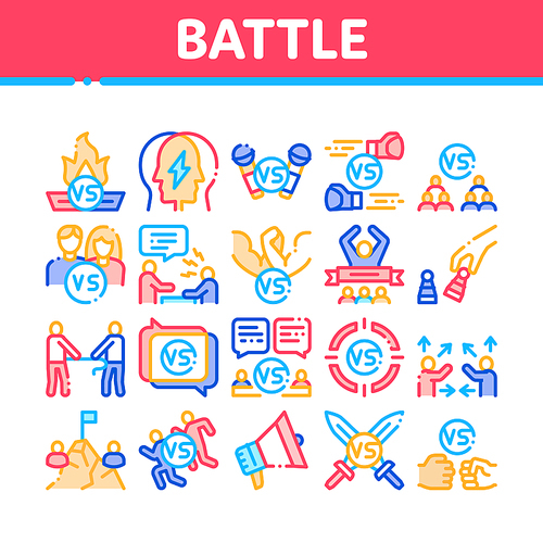 Battle Competition Collection Icons Set Vector. Champion Battle, Box And Run Sport Championship, Chess And Karaoke, Loudspeaker And Sword Concept Linear Pictograms. Color Contour Illustrations