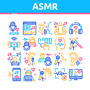 Asmr Sound Phenomenon Collection Icons Set Vector. Asmr Autonomous Sensory Meridian Response, Microphone And Earphones, Music Player Concept Linear Pictograms. Color Contour Illustrations