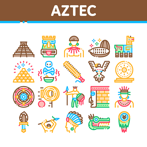 Aztec Civilization Collection Icons Set Vector. Aztec Antique Pyramid And Gold, Bird And Animal, Cozcacuauhtli And Mystic Totem Concept Linear Pictograms. Color Contour Illustrations