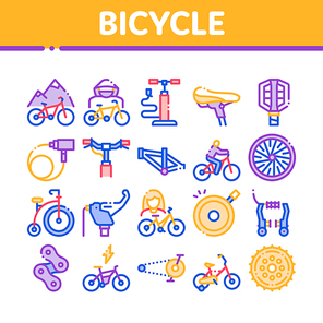 Bicycle Bike Details Collection Icons Set Vector. Mountain Bicycle Wheel And Seat, Brake And Frame, Chain And Pump Equipment Concept Linear Pictograms. Color Contour Illustrations