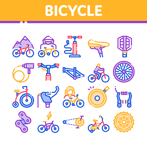 Bicycle Bike Details Collection Icons Set Vector. Mountain Bicycle Wheel And Seat, Brake And Frame, Chain And Pump Equipment Concept Linear Pictograms. Color Contour Illustrations