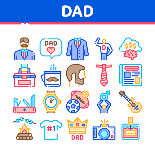 Dad Father Parent Collection Icons Set Vector. Dad With Beard And Office Working Place, Guitar And Photo Camera, Crown And Perfume Bottle Concept Linear Pictograms. Color Contour Illustrations