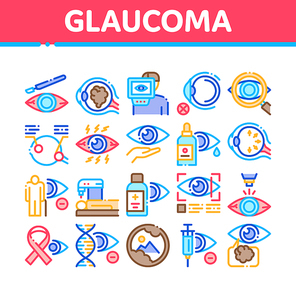 Glaucoma Ophthalmology Collection Icons Set Vector. Glaucoma Disease Symptoms And Treatment Eye Drop And Medical Equipment Concept Linear Pictograms. Color Contour Illustrations