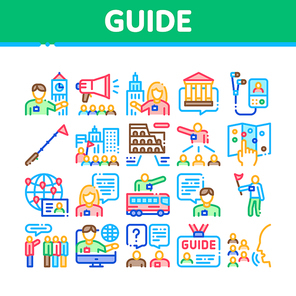 Guide Lead Traveler Collection Icons Set Vector. Bus And Media Player Guide, Badge And Loudspeaker, Speak And Show Landmark Tourism Concept Linear Pictograms. Color Contour Illustrations