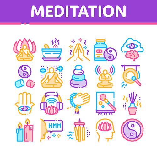 Meditation Practice Collection Icons Set Vector. Meditation Yoga Relaxation Aromatic Therapy, Human Concentration, Gong And Painting Concept Linear Pictograms. Color Contour Illustrations