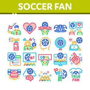 Soccer Fan Attributes Collection Icons Set Vector. Soccer Fan Hat And Glove In Hand Form, Heart And Air Beeper, T-shirt And Goal Nameplate Concept Linear Pictograms. Color Contour Illustrations