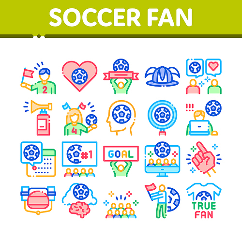 Soccer Fan Attributes Collection Icons Set Vector. Soccer Fan Hat And Glove In Hand Form, Heart And Air Beeper, T-shirt And Goal Nameplate Concept Linear Pictograms. Color Contour Illustrations