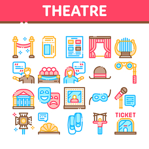 Theatre Equipment Collection Icons Set Vector. Theatre Ticket And Binoculars, Mask And Microphone, Curtain And Seats, Building And Hat Concept Linear Pictograms. Color Contour Illustrations