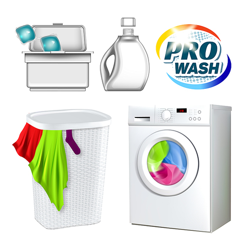 Wash Laundry Washing Equipment Set Vector. Electronic Washing Machine And Wicker Plastic Basket Filled Clothes, Blank Bottle And Container With Cleaner Template Realistic 3d Illustrations
