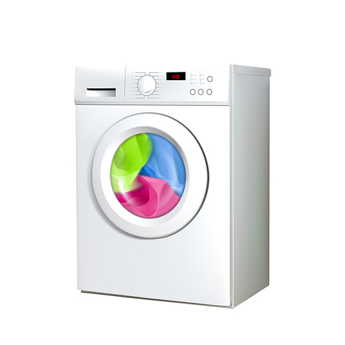 Washing Machine Household Electronic Device Vector. Laundry Service Washing Appliance. Wash And Clean Dirty Color Clothes Electrical Automatical Equipment Template Realistic 3d Illustration