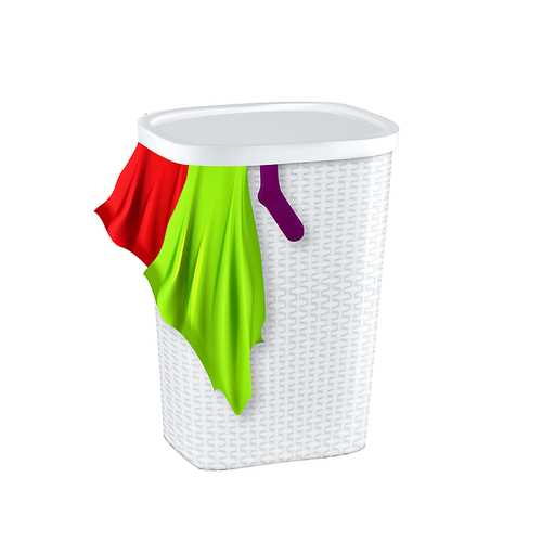 Laundry Basket Filled Dirty Textile Clothes Vector. Blank Plastic Basket For Storaging Fabric Clothing. Full Container For Holding And Transporting Garment Template Realistic 3d Illustration