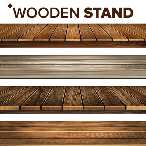 Wooden Stand And Platform Collection Set Vector. House Veranda, Wood Material Platform And Dark Color Desk Paneled Floor. Plank And Parquet Interior Details Layout Realistic 3d Illustrations