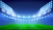 Soccer Stadium With Glowing Lamps In Night Vector. Blurred Stadium With Green Grass, Sitting Places And Illuminate Lights. Sportive Field For Playing Game Layout Realistic 3d Illustration