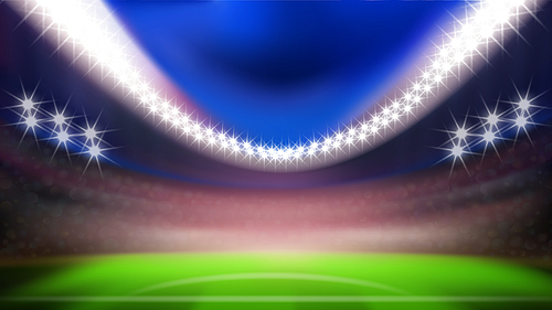 Night Football Stadium With Bright Lights Vector. Blurred Stadium With Green Grass, Seats Tribunes And Lighting Lamps. Sport Field Place For Competition Template Realistic 3d Illustration