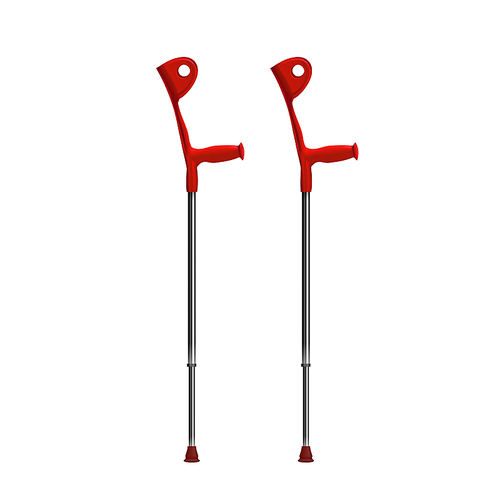 Crutches Medical Tool For Rehabilitation Vector. Elbow Crutches With Plastic Handles. Metal Material Aid Equipment For Walk And Support Disabled People Layout Realistic 3d Illustration
