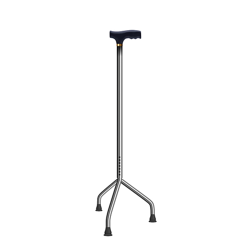 Three-point Walking Stick Medical Equipment Vector. Stainless Stability Walking Cane Accessory. Support Body Staff Assist For Elder Human And Rehabilitation Mockup Realistic 3d Illustration