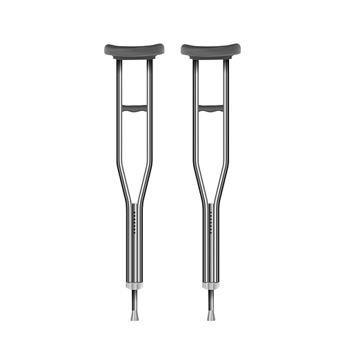 Crutches For Patient With Fractured Legs Vector. Aluminum Underarm Crutches Medical Equipment For Rehabilitation. Metal Material Assistance Tool For Disabled Human Template Realistic 3d Illustration