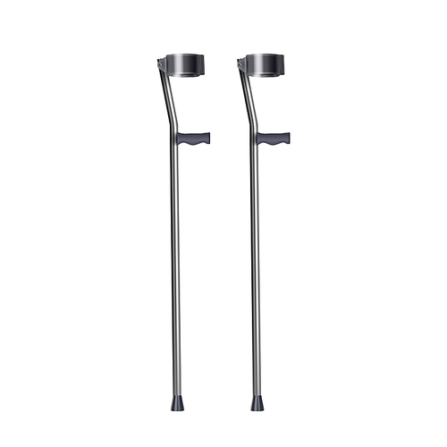 Crutches For Patient Legs Rehabilitation Vector. Convenient Metallic Elbow Crutches Medical Equipment. Metal Material Aid Tool For Walking Disabled People Template Realistic 3d Illustration