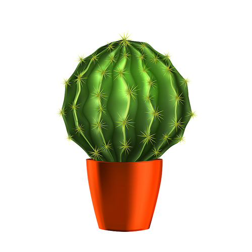 Cactus Succulent Planted In Orange Pot Vector. Cactus Domestic Green Botany Plant With Sharp Thorns. Natural Decorative Herb. Hemorrhoid Pain And Problem Concept Realistic 3d Illustration