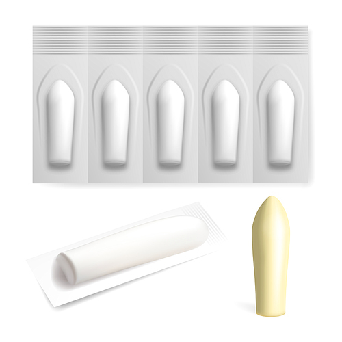Medical Suppositories In Blister Strip Set Vector. Collection Of Medicaments Suppositories For Treatment Ache Hemorrhoid. Medicine Pills Package. Hemorrhoid Problem Template Realistic 3d Illustrations