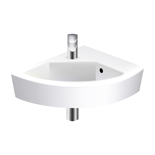 Bathroom Sink Stylish Tool For Wash Hands Vector. Modern Decorative Angular Sink Ceramic Domestic Equipment With Steel Faucet. Interior Hygienic Furniture Layout Realistic 3d Illustration