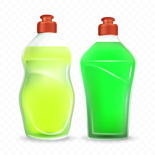Bottle Of Dishwashing Detergent Liquid Set Vector. Blank Transparent Plastic Containers With Yellow And Green Soap Detergent For Wash Kitchen Utensil And Dishware. Template Realistic 3d Illustrations