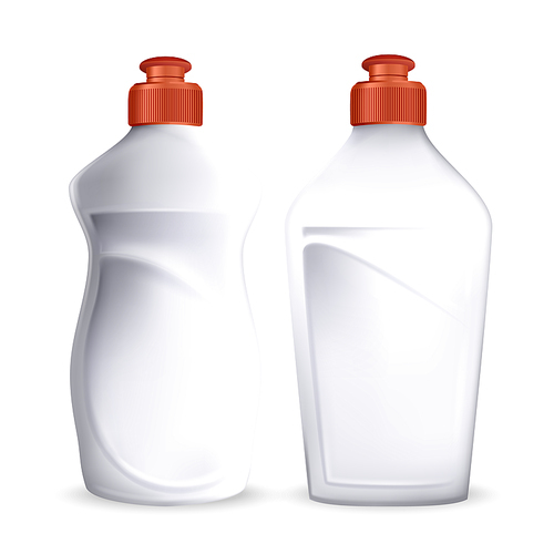 Bottle Of Dish Washing Detergent Liquid Set Vector. Blank White Plastic Containers In Different Style With Soap Detergent For Wash Kitchen Dishware Plates And Cups. Template Realistic 3d Illustrations