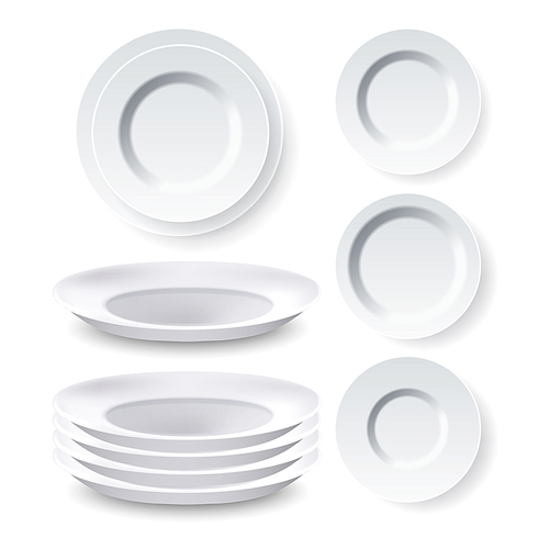Plates Dinner Equipment Collection Set Vector. Blank Different Style Dining Empty Ceramic Plates For Meal And Food. Modern Clean Round Tableware, Bowl For Eating Template Realistic 3d Illustrations