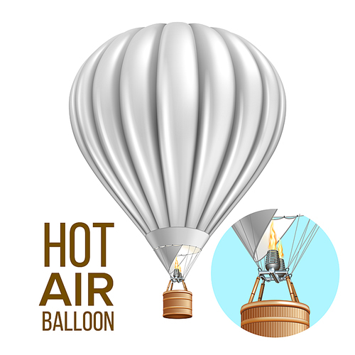 Hot Air Balloon Airship Traveling Transport Vector. Blank Air Balloon With Basket And Burning Heating Gas Equipment. Flying Transportation Colorful Template Realistic 3d Illustration