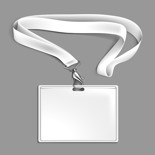 Lanyard Identification Card With Ribbon Vector. Blank Badge With Metal Closure And Card With Plastic. Accreditation For Events, Meetings, Fairs And Companies. Template Realistic 3d Illustration