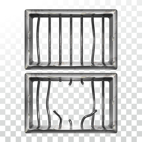 Prison Window And Broken Metallic Bars Set Vector. Damaged Prison Metal Steel Lattice. Gaol Jail Security Grunge Iron Grid, Confine Cage Equipment Template Realistic 3d Illustrations