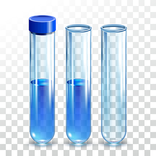 Chemical Laboratory Flask Collection Set Vector. Empty And With Research Liquid Scientific Glassware, Equipment Pharmacy Flask Test Tube With Cap. Template Realistic 3d Illustrations