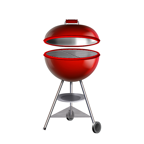 Barbeque Grill Equipment For Frying Meat Vector. Grill With Opened Cap, Bbq Metallic Appliance For Cooking Food On Picnic. Grilling Accessory For Cook On Flame Template Realistic 3d Illustration