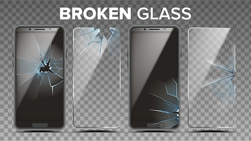 Broken Glass Phone Screen Protector Set Vector. Damaged Smartphone Protection Glass And Touchscreen. Transparent Tempered Modern Cellphone Display Cover Accessory Realistic 3d Illustration