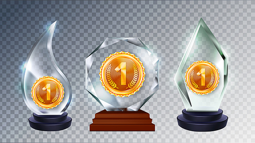 Glass Award Different Form Collection Set Vector. Shiny Acrylic Material Sport Trophy Award With Golden Medal For Championship Winner On Pedestal. Template Realistic 3d Illustrations