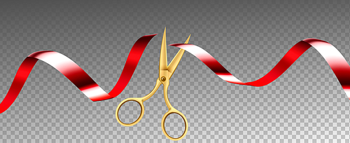 Scissors Cutting Ribbon Shop Grand Opening Vector. Ceremonial Metal Golden Scissors Cut Red Silk Tape Decoration. Festive Ceremony Equipment Concept Template Realistic 3d Illustration