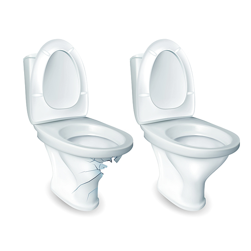 Toilet And Damaged Restroom Ceramic Bowl Vector. Household Toilet Lavatory Opened Raised Plastic Seat And Broken With Hole. Sanitary Bathroom Cabinet Equipment Realistic 3d Illustration