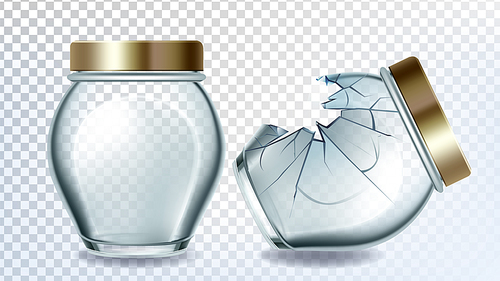 Jar Glass And Broken Bottle With Golden Cap Vector. Empty Glass Bottle For Storaging Plum, Apricot, Cherry Or Strawberry. Glassware For Pickled Fruit Template Realistic 3d Illustration