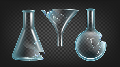 Broken Laboratory Flasks And Funnel Set Vector. Scientific Clean Glassware, Damaged Pharmacy Flasks Test Tube Equipment. Transparency Ware Concept Template Realistic 3d Illustrations
