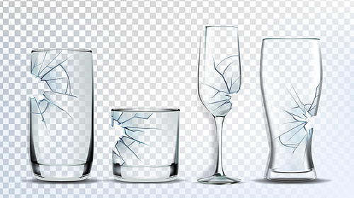Broken And Damaged Glasses Collection Set Vector. Crashed Wine And Beer, Champagne, Whiskey And Juice Glasses. Transparency Drink Glassware Concept Template Realistic 3d Illustrations